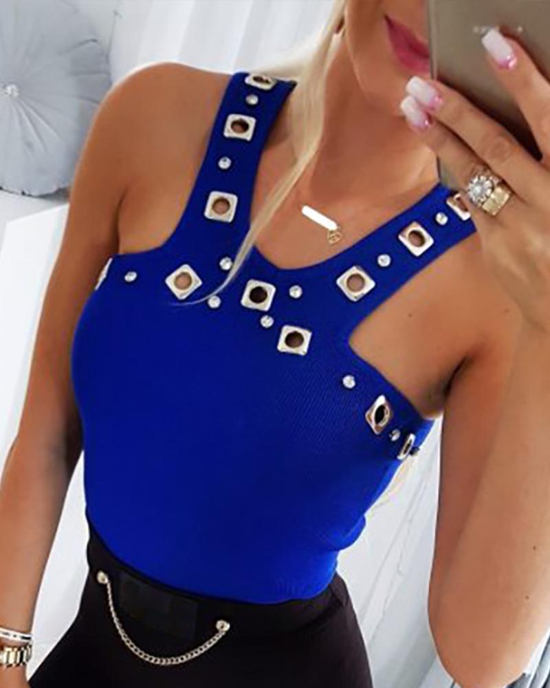 

Geometric Pattern Studded Hollow Out Sleeveless Knit Top, Blue