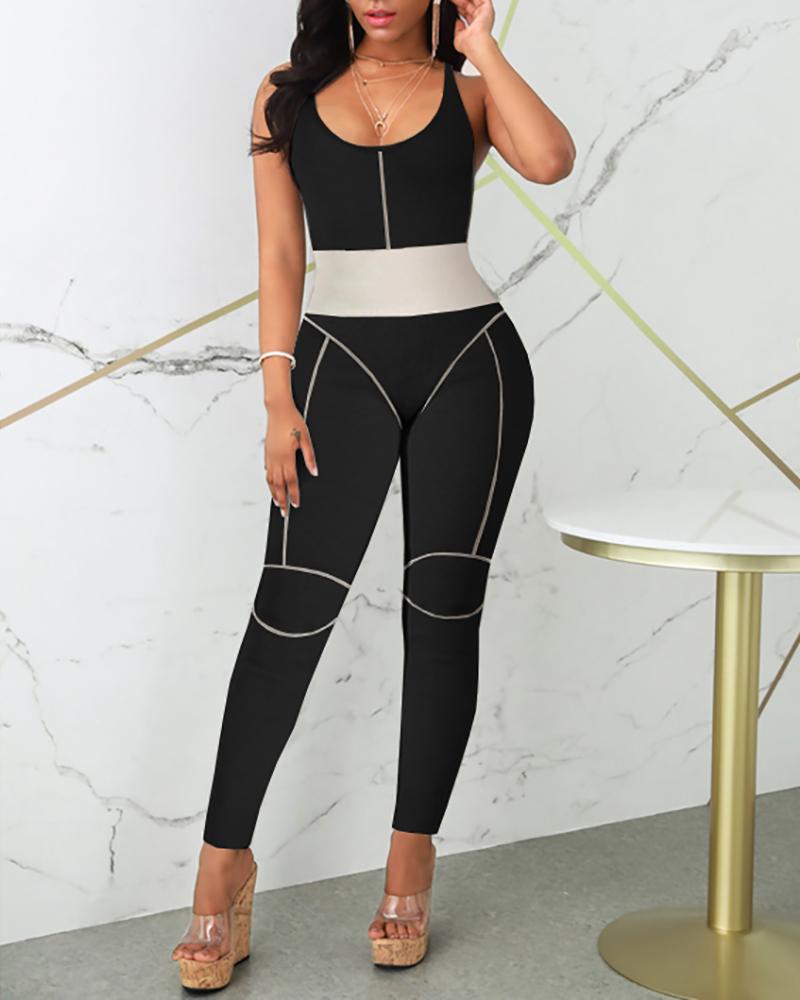 

Contrast Piping Colorblock Fitted Jumpsuit, Black