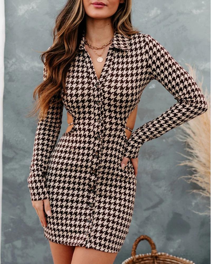 

Houndstooth Cutout Tie Back Button Down Bodycon Dress, Khaki