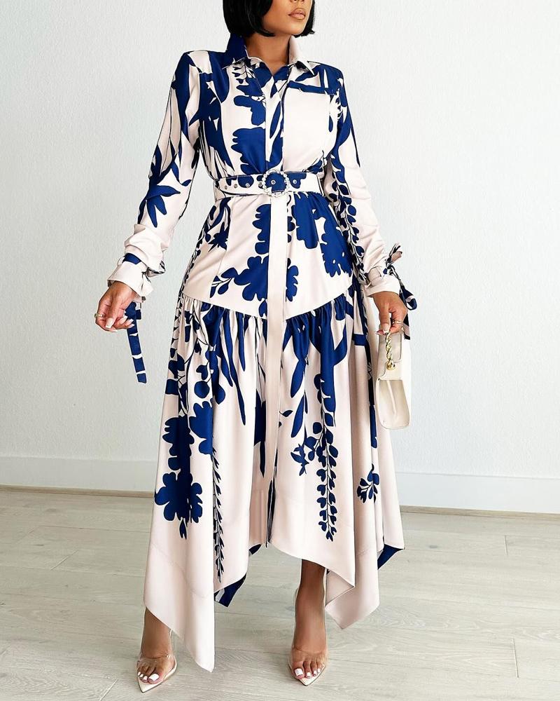 

Plants Print Tied Detail Ruched Shirt Dress, Blue