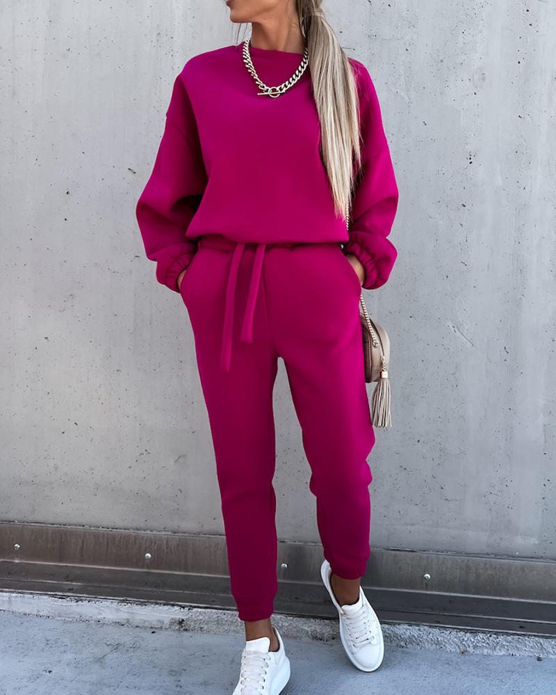 

O Neck Long Sleeve Drawstring Top & High Waist Pants Set, Hot pink