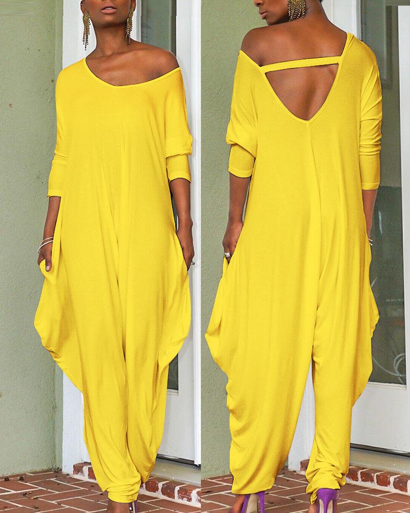 

Long Sleeve V-Neck Harem Jumpsuit, Yellow