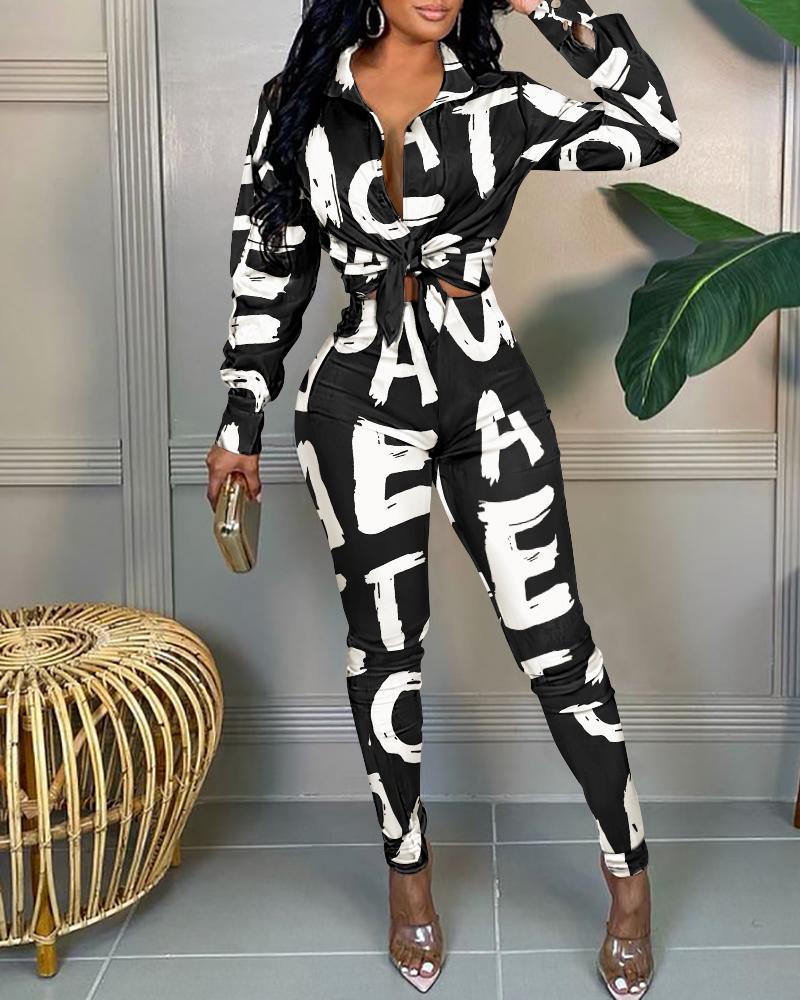 

Letter Print Button Down Shirt & Pants Set, Black