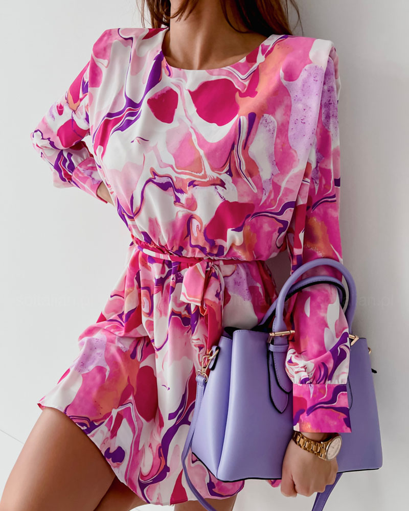 

Allover Print Long Sleeve Casual Dress, Pink