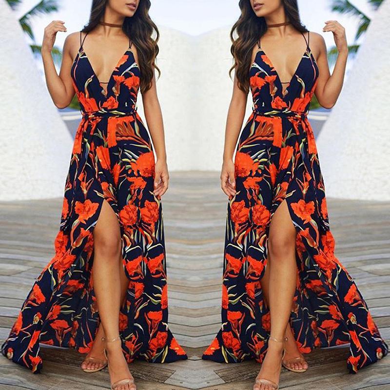 

Stylish Printed High Slit Slip Maxi Dress, Dark blue