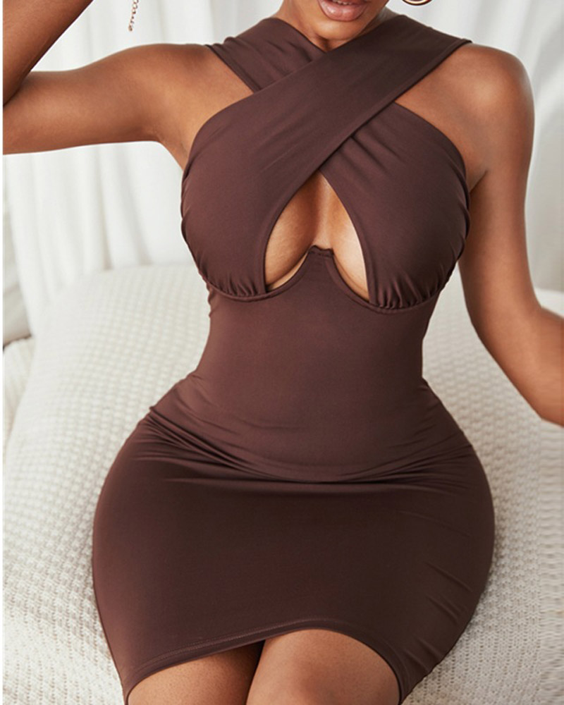 

Criss Cross Cutout Front Bodycon Dress, Brown