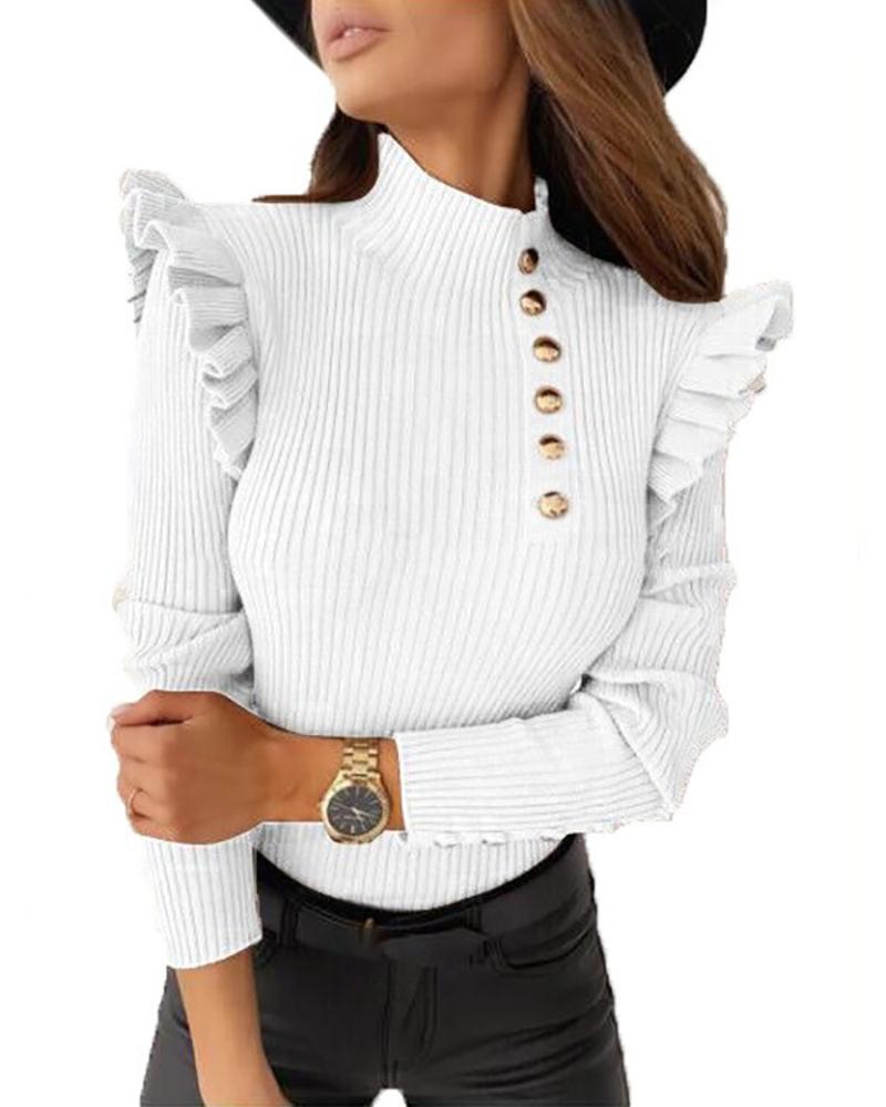 

Ruffles Button Front Long Sleeve High Neck Top, White