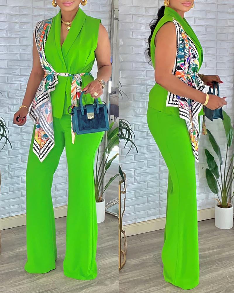 

Scarf Patchwork Tied Detail Sleeveless Blazer Set, Green