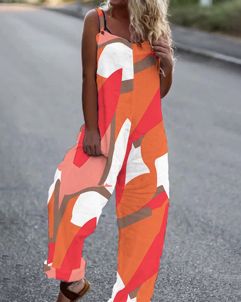

Allover Print Wide Leg Suspender Jumpsuit, Multicolor