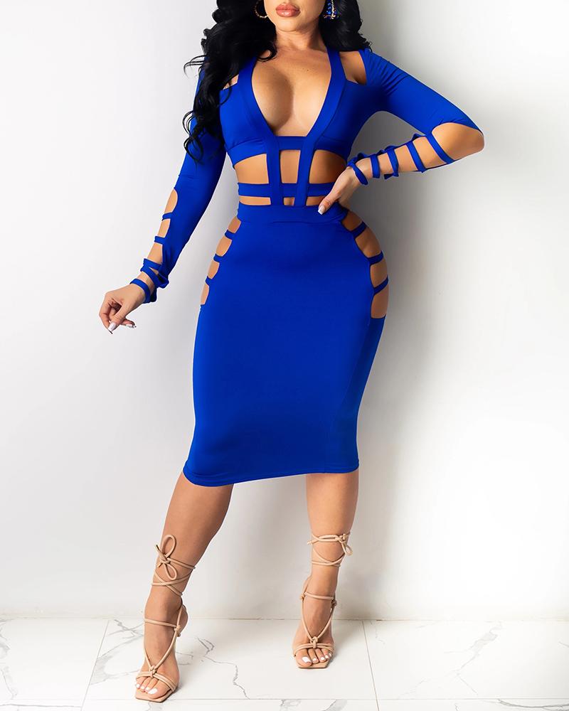 

Cutout Plain Plunge Long Sleeve Midi Dress, Blue