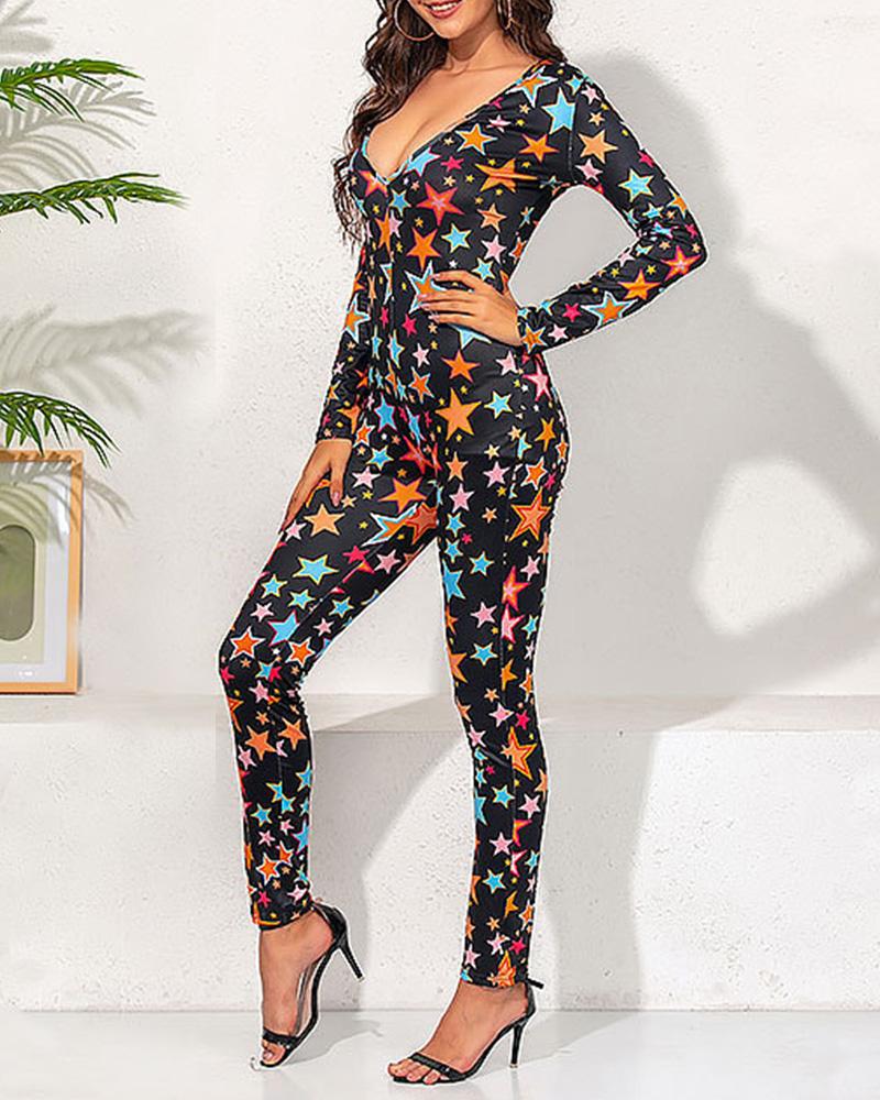 

Christmas Print Long Sleeve Skinny Jumpsuit, Multicolor
