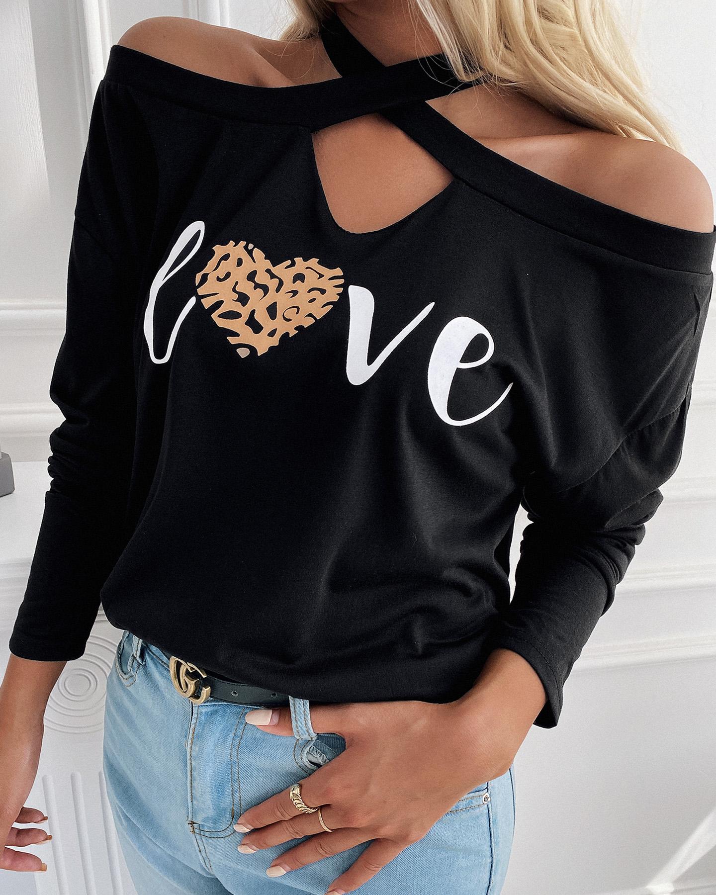 

Letter Print Cold Shoulder Cutout Front Women Top, Black