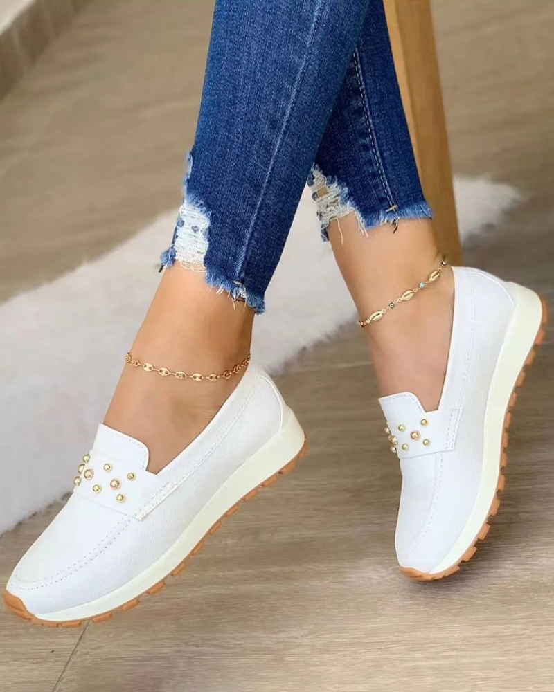 

Studded Non-slip Casual Muffin Loafers, White