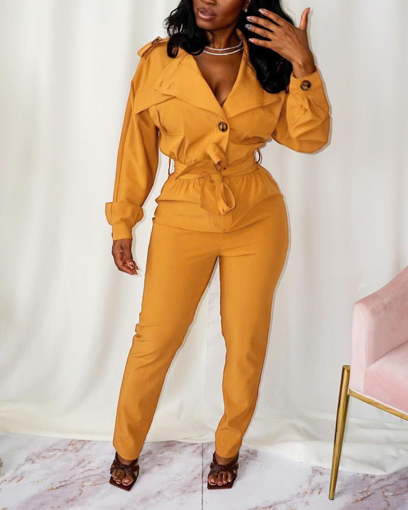 

Long Sleeve Button Front Belted Jumpsuit, Yellow