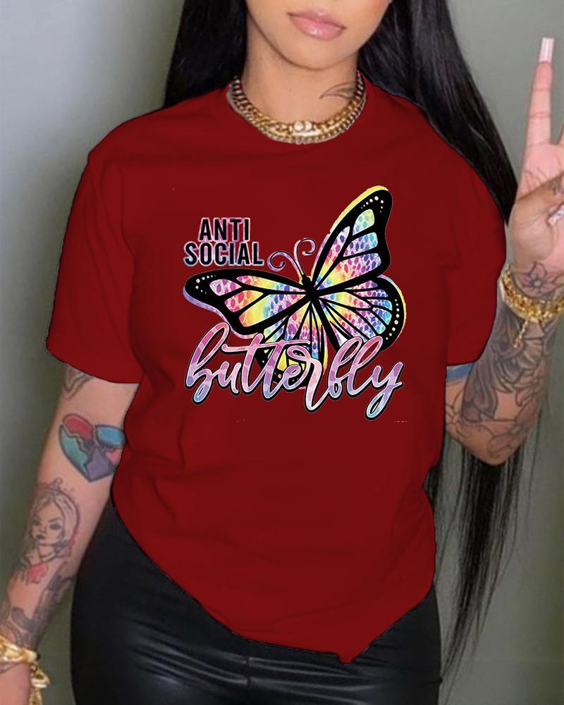 

Butterfly Letter Print Short Sleeve Casual T-shirt, Wine red