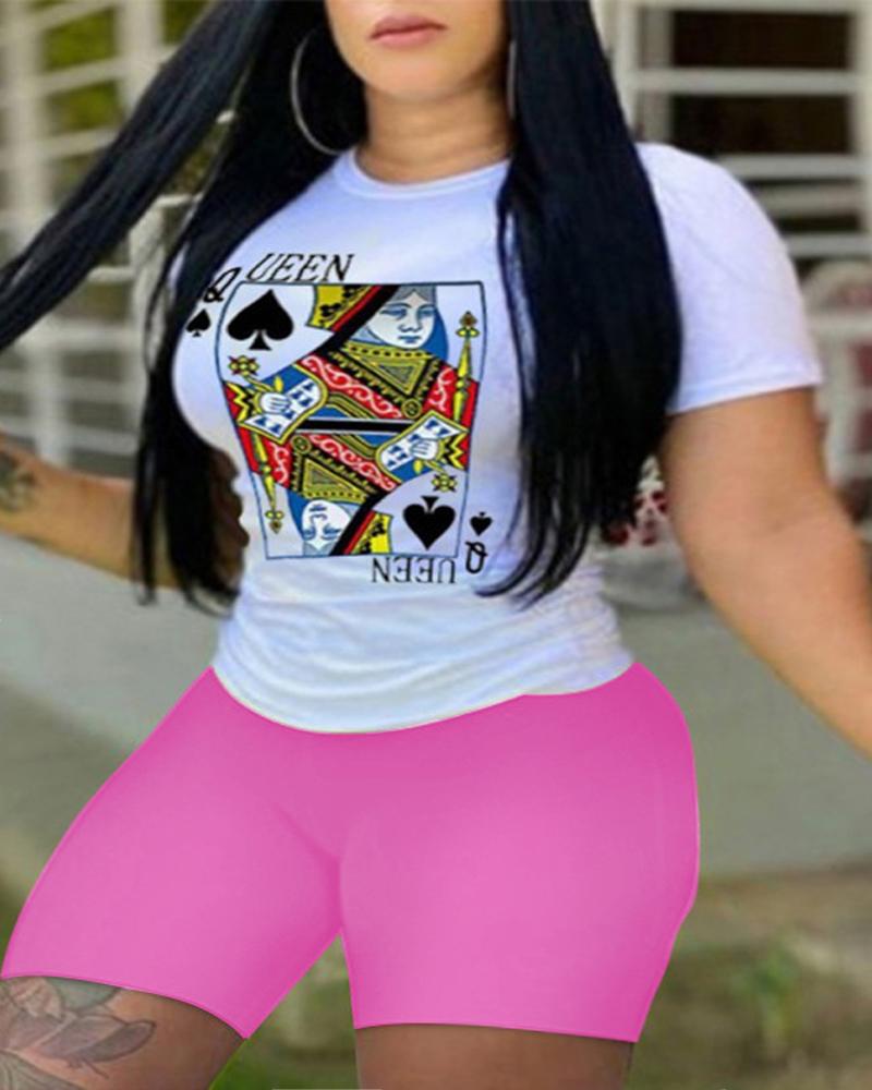 

Plus Size Poker Print Casual Top & Shorts Set, Hot pink