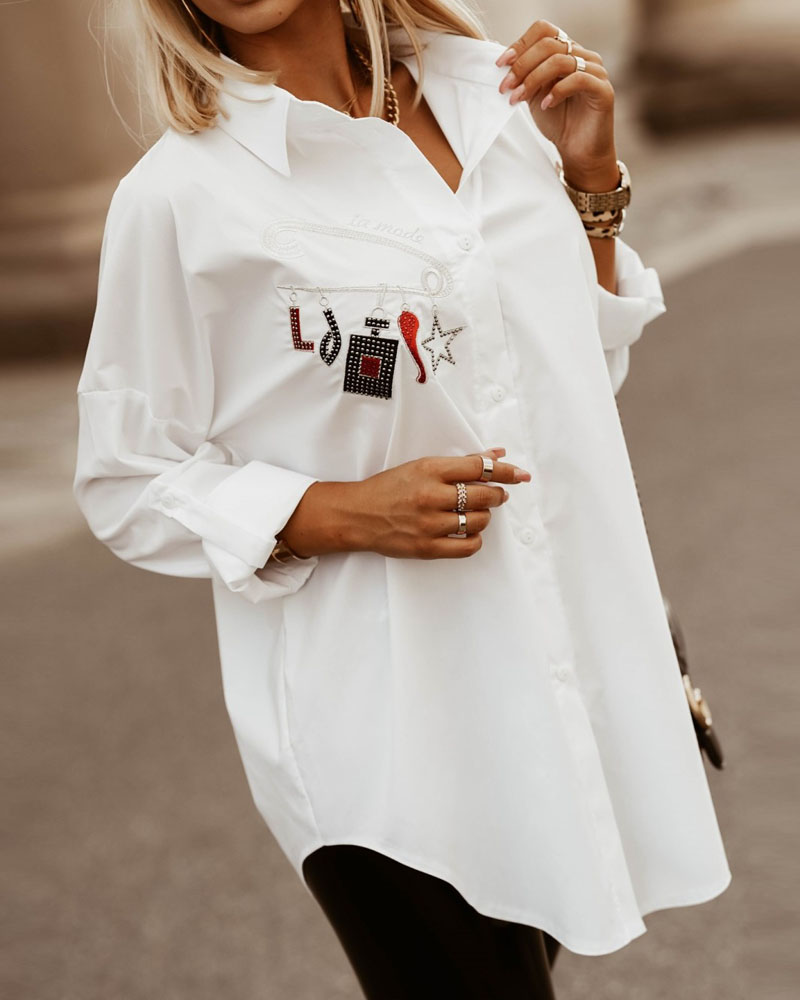 

Rhinestone Graphic Pattern Buttoned Shirt, White