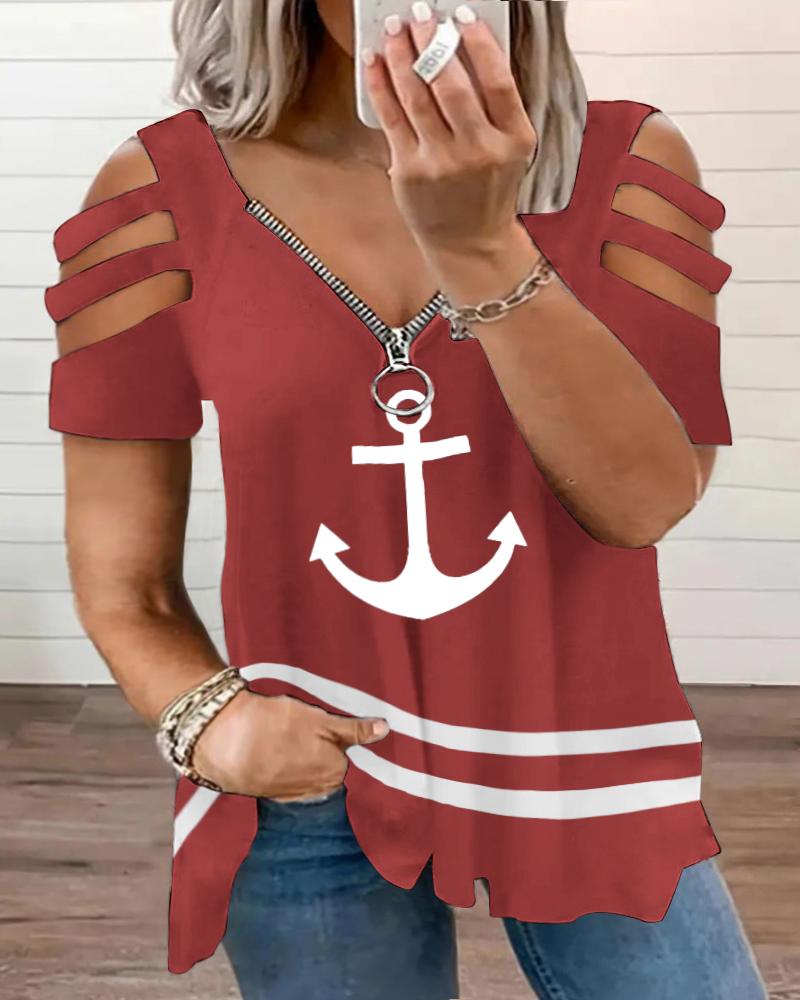 

Plus Size Anchor Print Striped Colorblock Cutout Zipper Design T-Shirt, Red