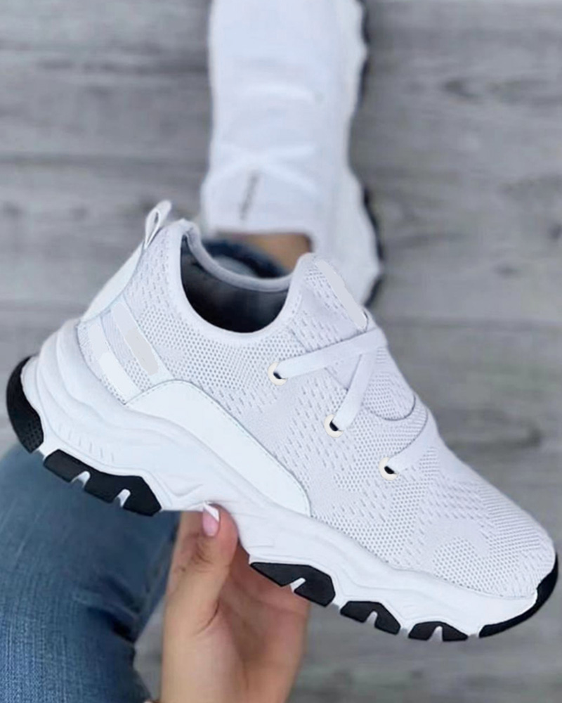 

Contrast Paneled Lace-up Breathable Sneakers, White