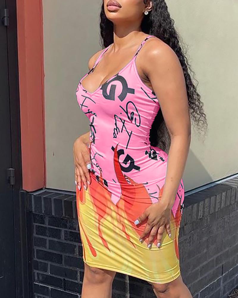 

Flame Letter Pattern Print Bodycon Dress, Pink
