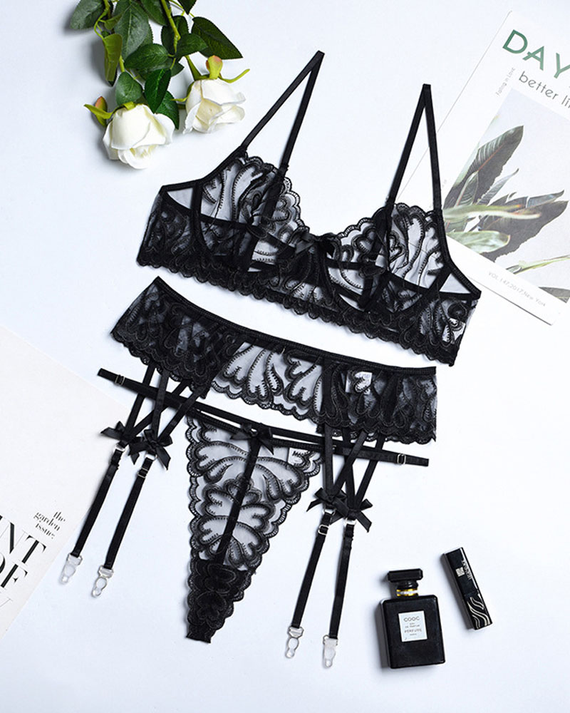 

Bowknot Decor Embroidery Lace Garter Lingerie Set, Black