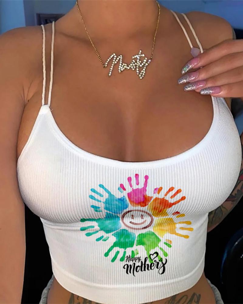 

Mother' Day Letter Figure Print U Neck Cami Top, White