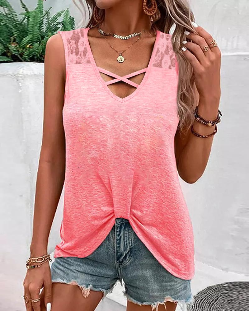 

Lace Patch Crisscross Tank Top, Pink