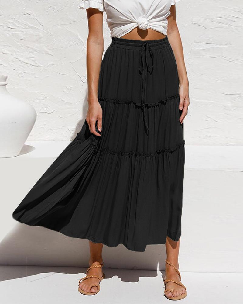

Frill Hem Drawstring Flowy Skirt, Black