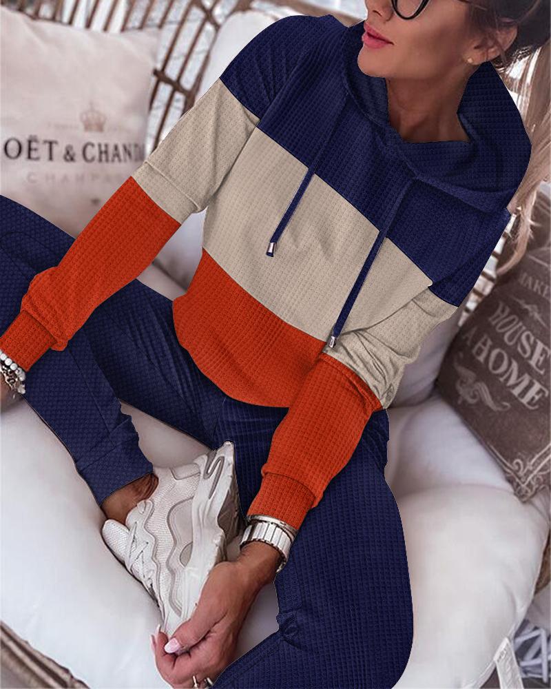 

Striped Colorblock Waffle Knit Hoodie & Cuffed Pants Set, Multicolor