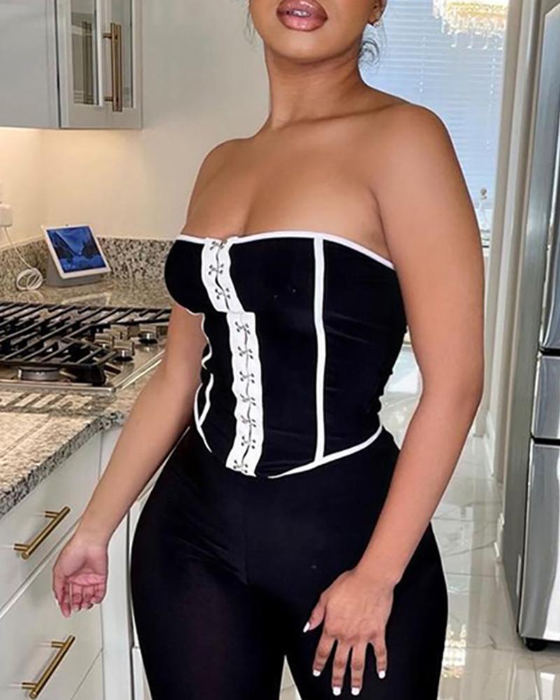 

Striped Bandeau Backless Corset Top, Black