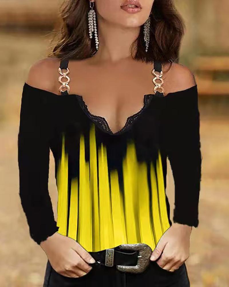 

Ombre Cold Shoulder Chain Strap Long Sleeve Top, Yellow