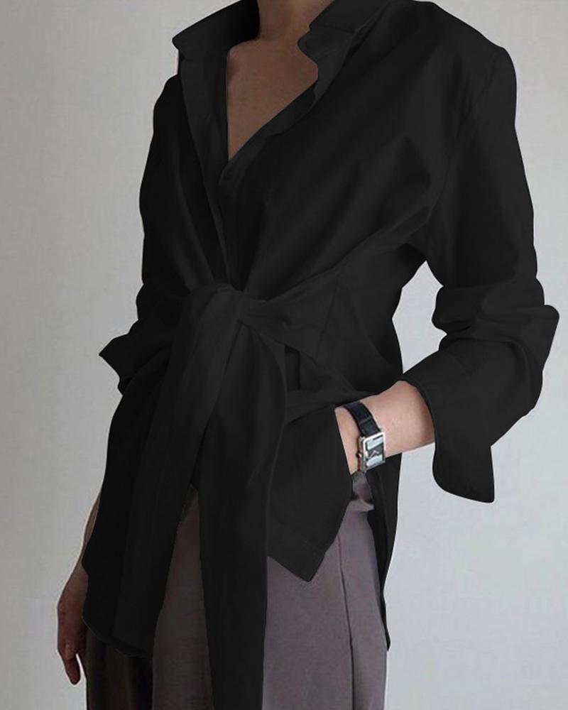 

Long Sleeve Tie Front Shirt, Black