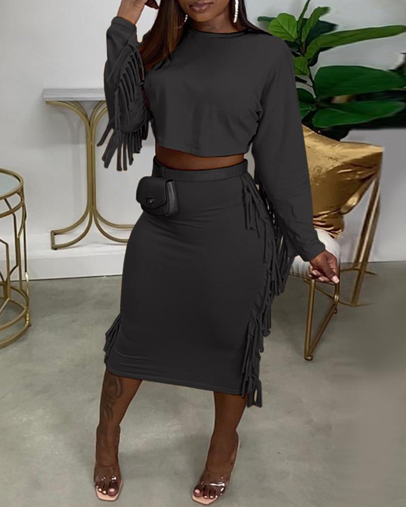 

Tassel Design Long Sleeve Top & High Waist Skirt Set, Black