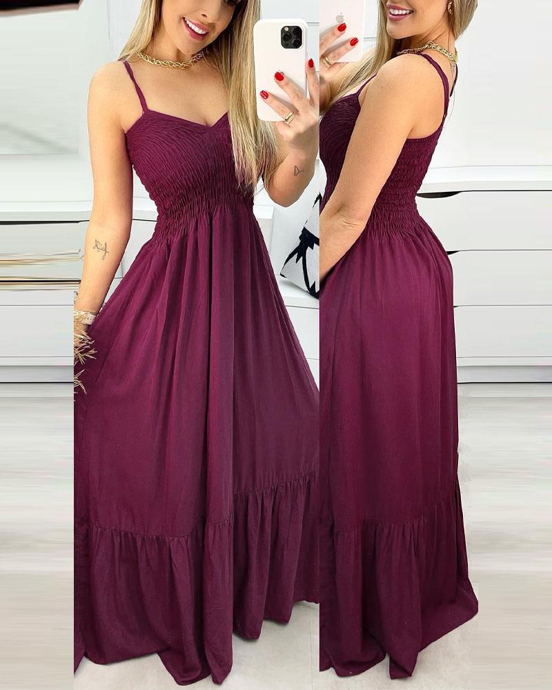 

V-Neck Shirred Cami Maxi Dress, Hot pink