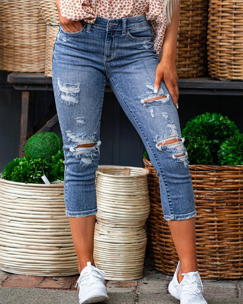 

Ripped Pocket Design Cutout Jeans, Blue