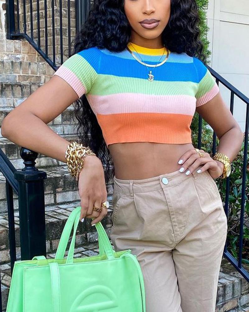 

Rainbow Stripe Short Sleeve Rib-knit Crop Top, Multicolor