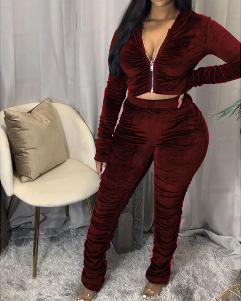 

Ruched Long Sleeve Zip Up Hooded Top & Pants Set, Wine red