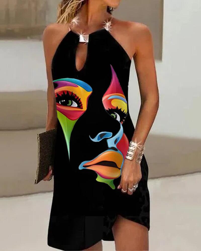 

Abstract Figure Print Metal Halter Casual Dress, Black