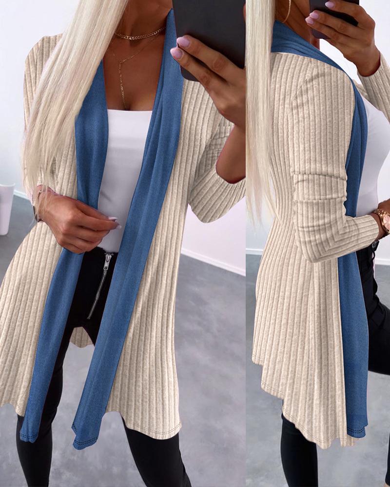 

Colorblock Denim Look Print Open Front Ribbed Coat, Apricot