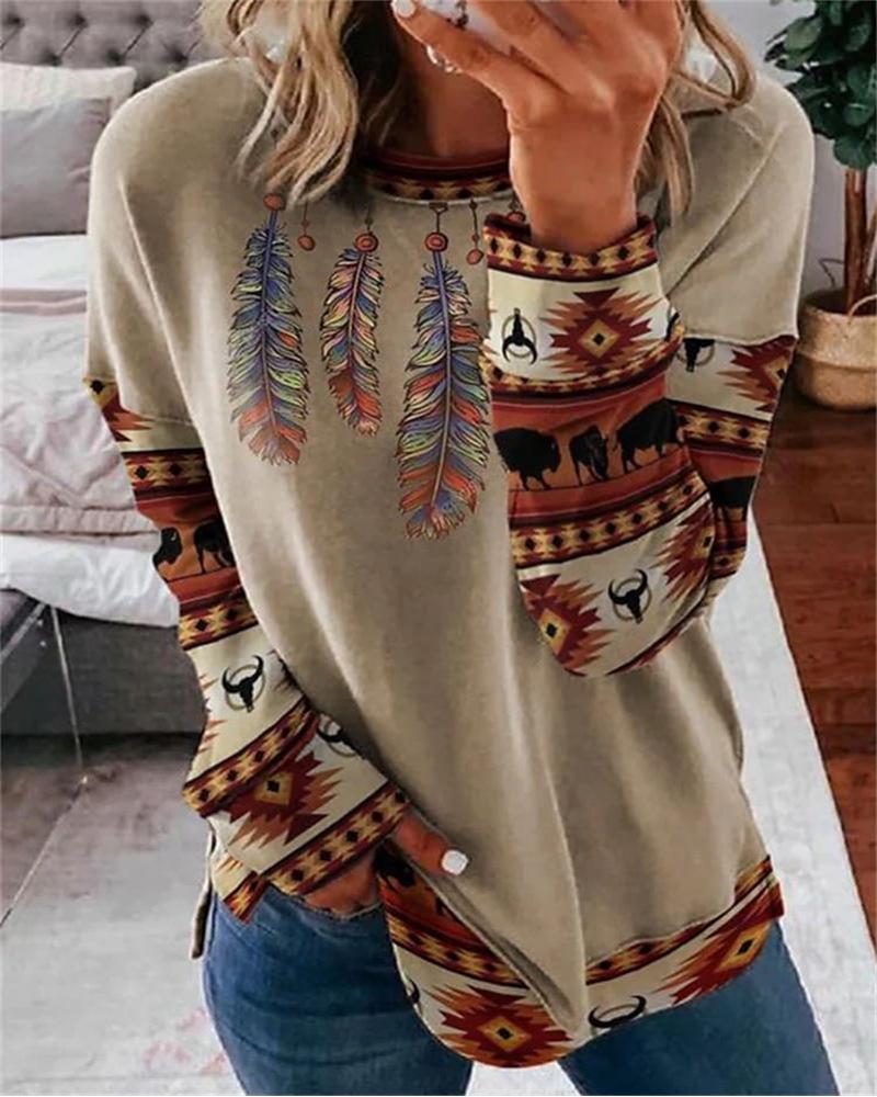 

Tribal Print Long Sleeve Top, Khaki