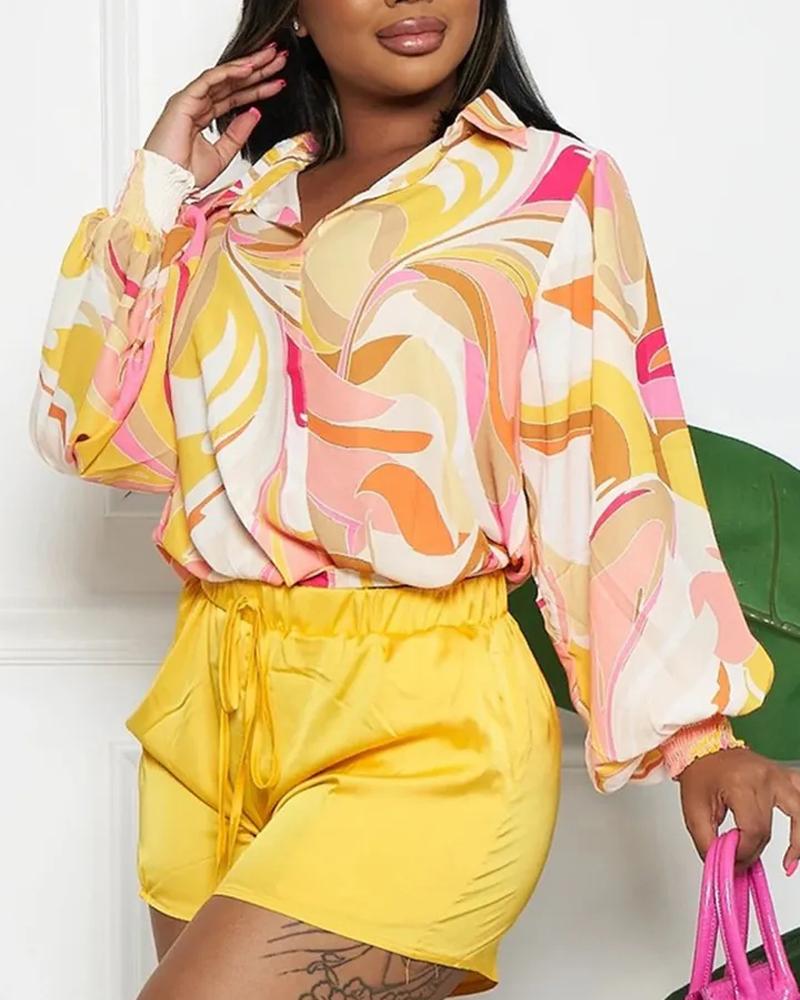 

Allover Print Lantern Sleeve Shirt & Shorts Set, Yellow