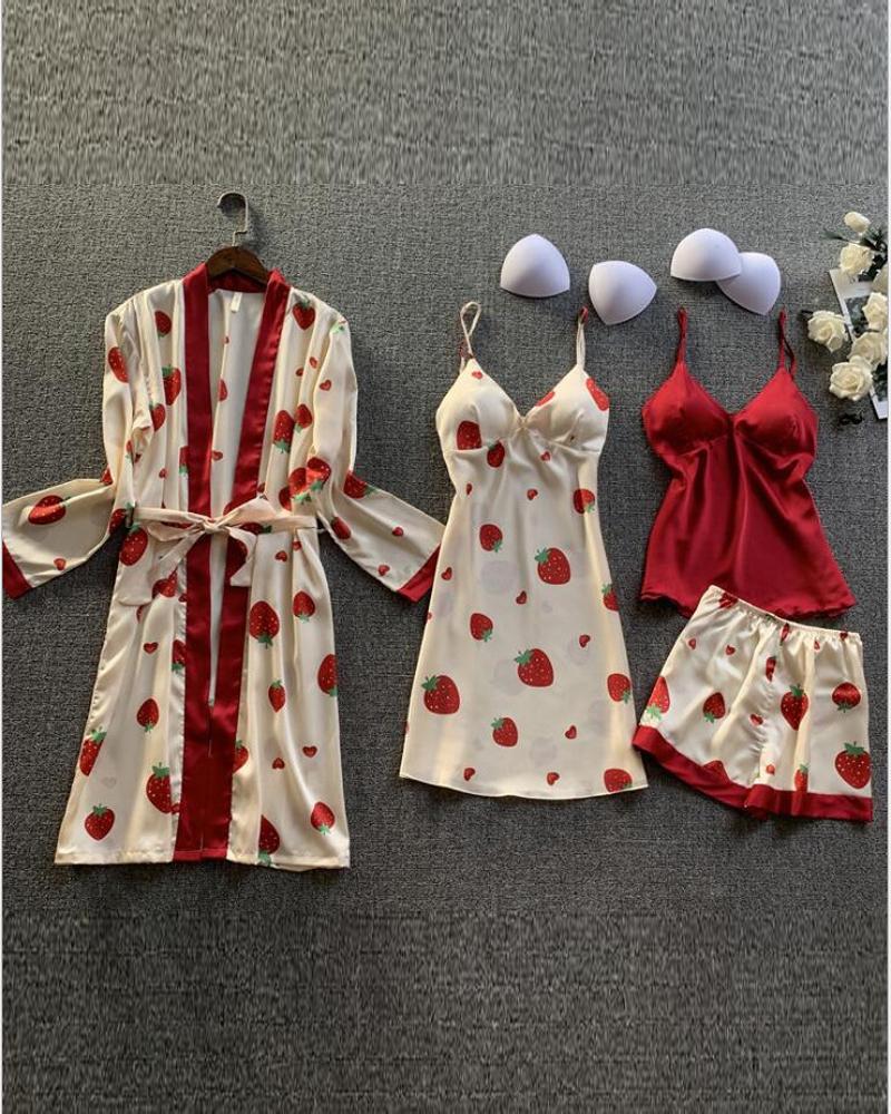 

4PCS Strawberry Print Padded Cami Set With Nightdress & Belted Robe, Style1