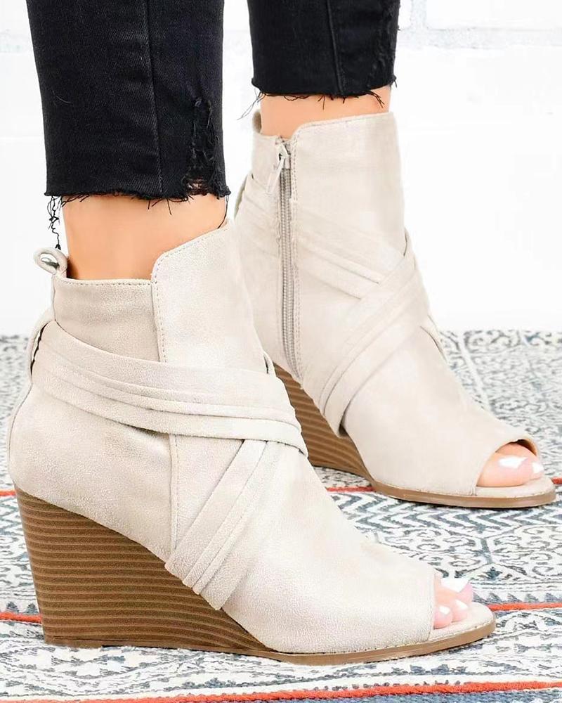 

Peep Toe Crisscross Zipper Design Boots, Beige