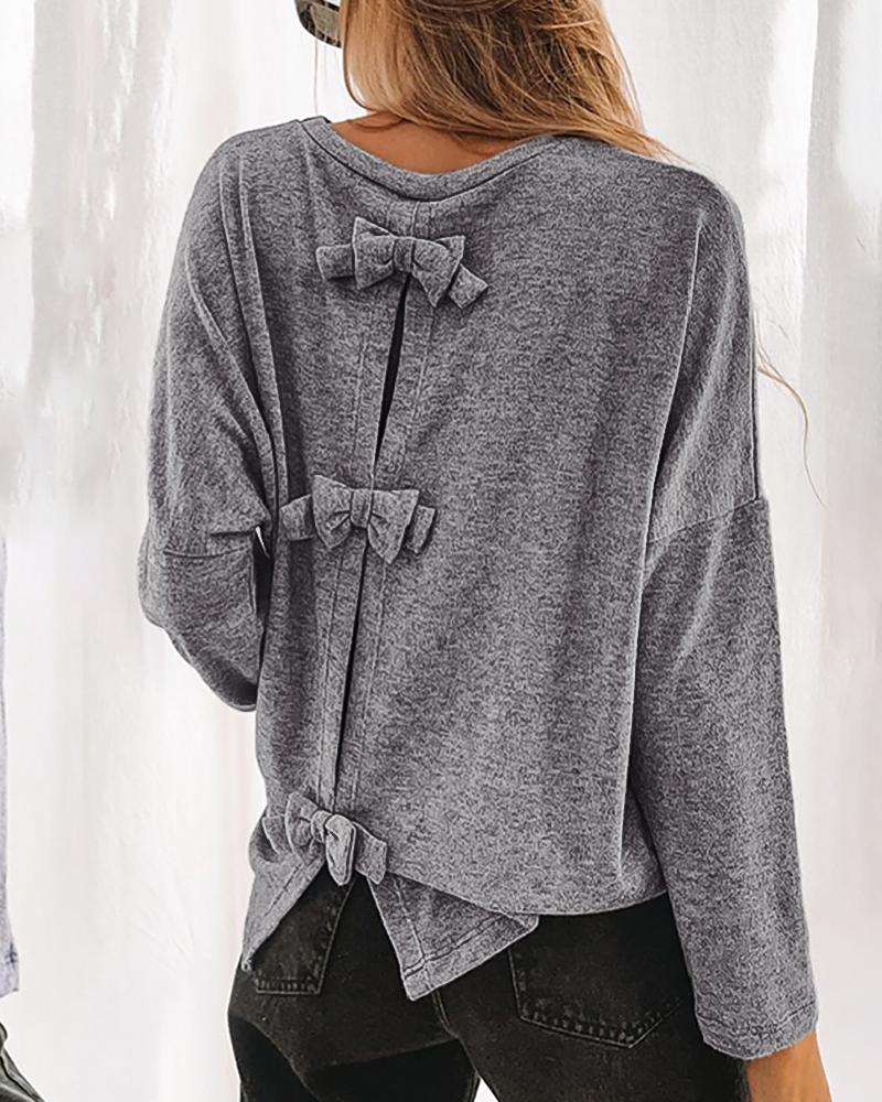 

Bowknot Design Long Sleeve Top, Gray