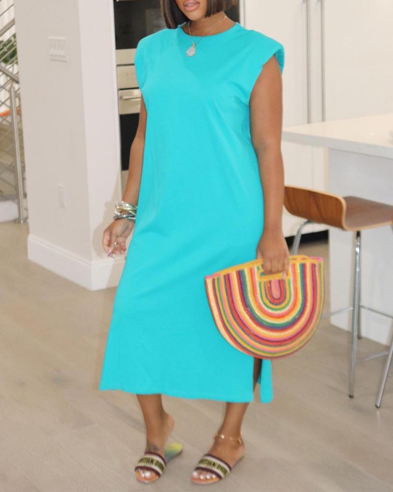 

Shoulder Pad Split Hem Casual Dress, Blue