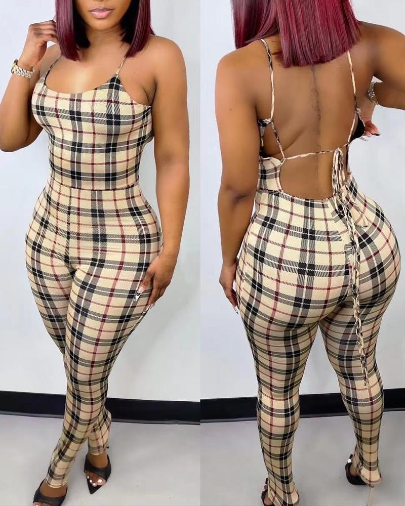 

Plaid Print Spaghetti Strap Backless Jumpsuit, Khaki