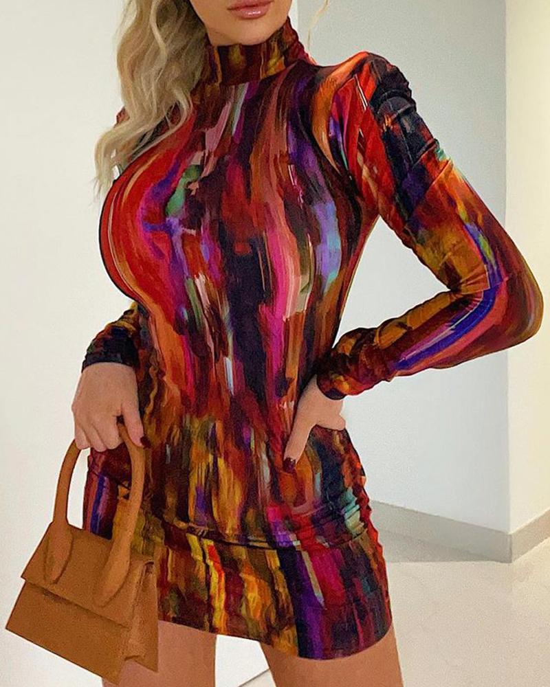 

Abstract Print Long Sleeve Ruched Bodycon Dress, Multicolor