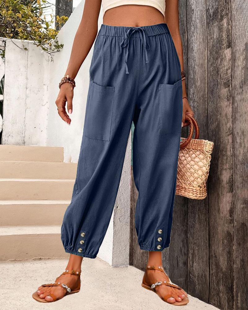 

Pocket Button Design Drawstring Casual Pants, Purplish blue