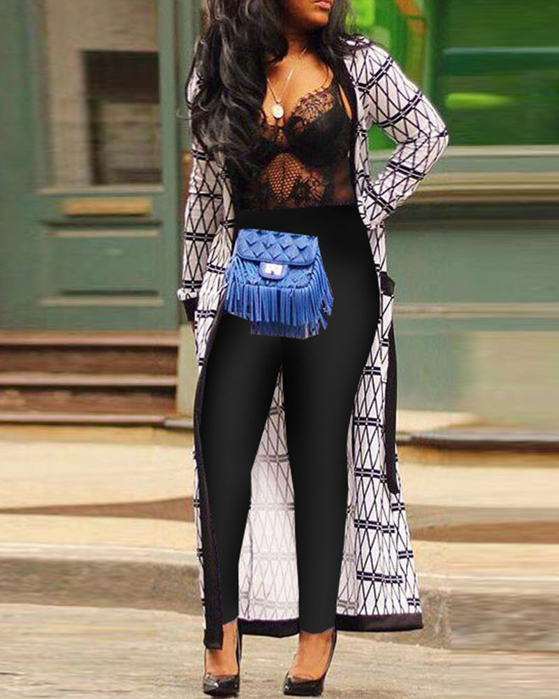 

Argyle Print Open Front Belted Longline Cardigan, White