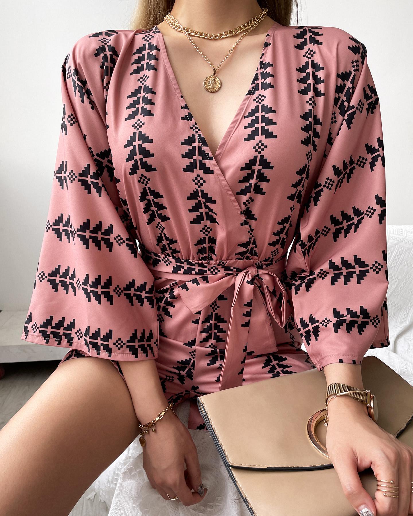 

Graphic Print Tied Detail Ruched Casual Romper, Khaki